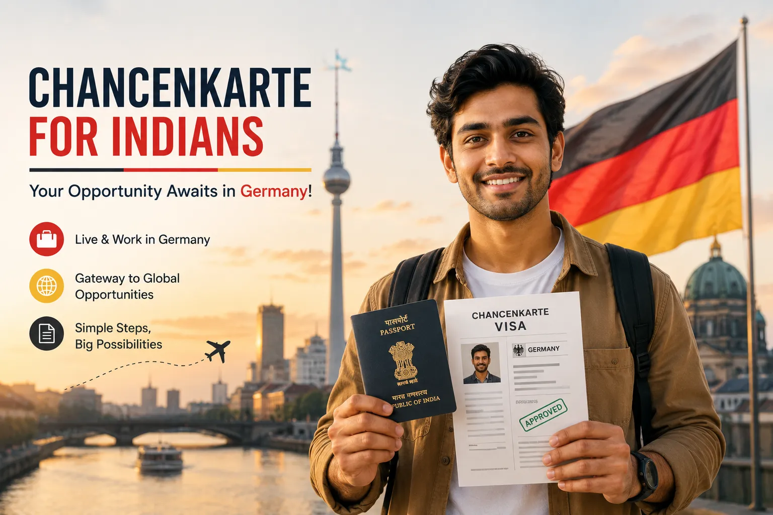 Chancenkarte for Indians visa application documents with German flag Chancenkarte for Indians visa application documents with German flag